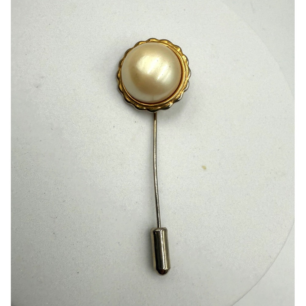 Vintage Faux Pearl Stick Pin Gold Tone Scalloped Bezel Lapel Scarf Pin 2.5‎ Inch